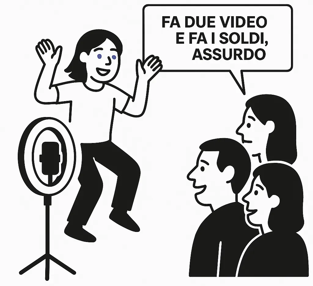Illustrazione: una creator gira un video mentre tre persone commentano «fa due video e fa i soldi, assurdo»
