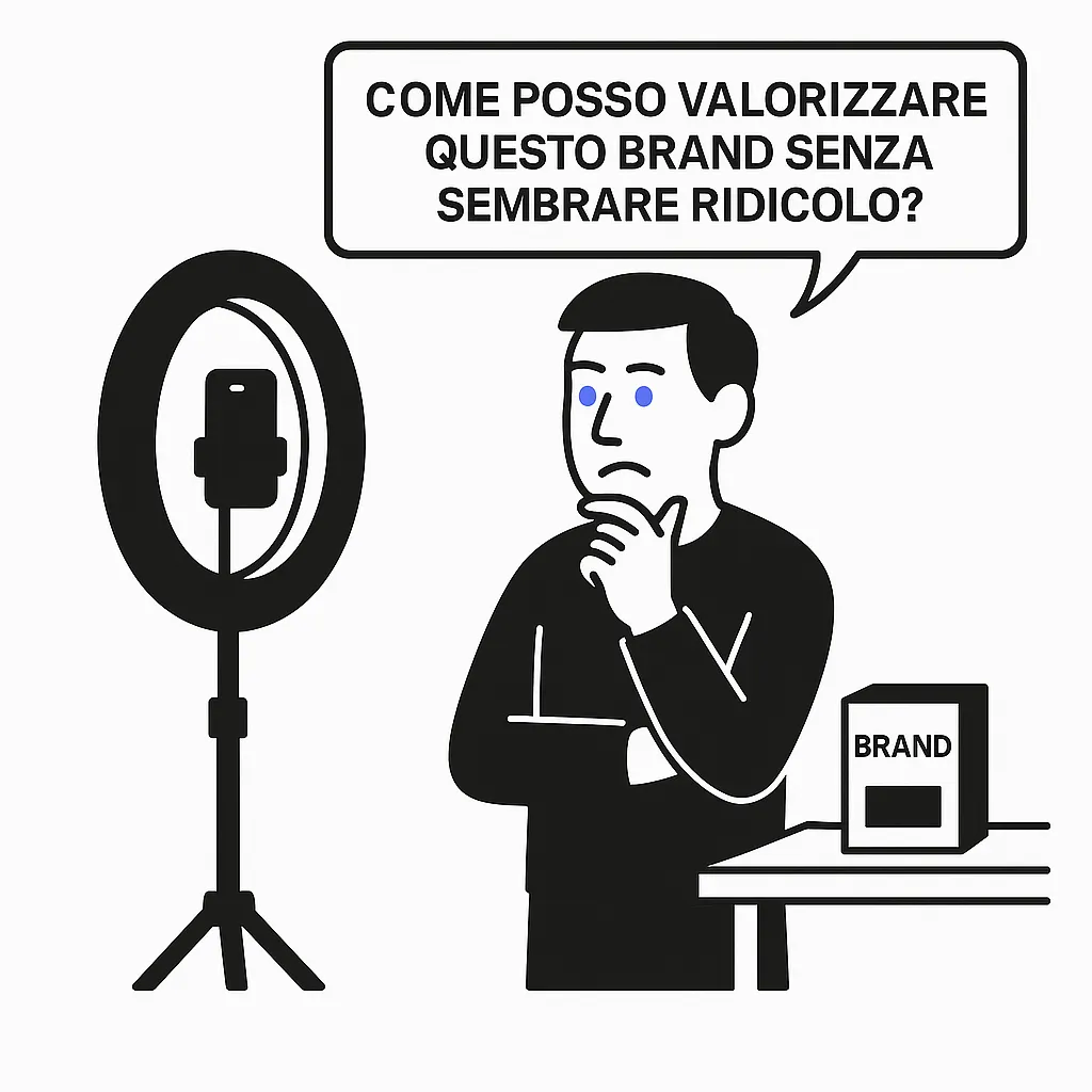 Illustrazione: un manager davanti a una luce ad anello si chiede come valorizzare il brand senza sembrare ridicolo